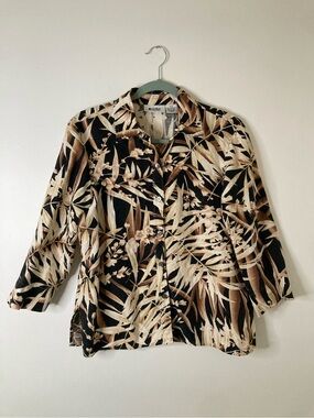 UNITS Vintage 100% Linen Tropical Palm Leaf Print Button Up Blouse Medium